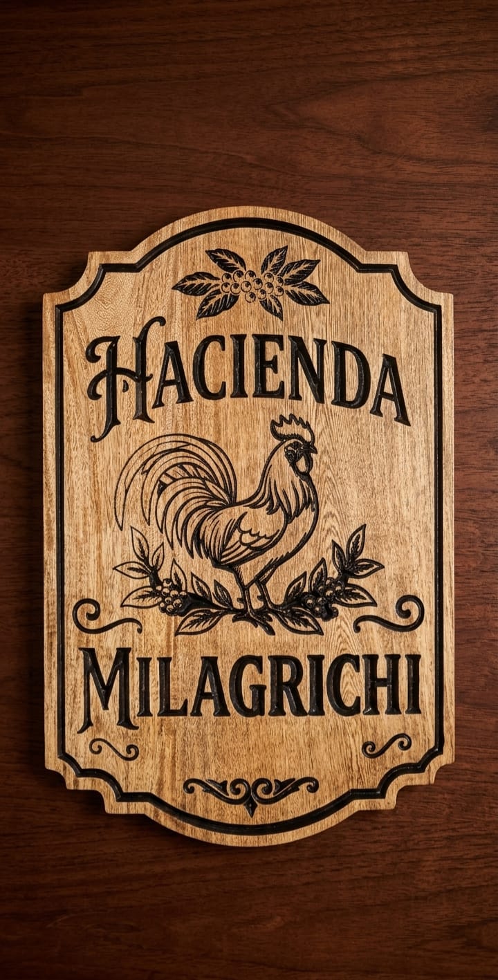 Letrero Hacienda Milagrichi con gallo y rama de café tallados en madera