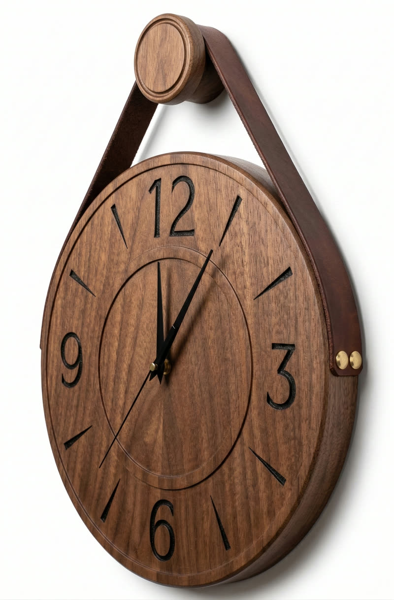 Diseno de reloj de pared en madera calada con correa de cuero Caldas