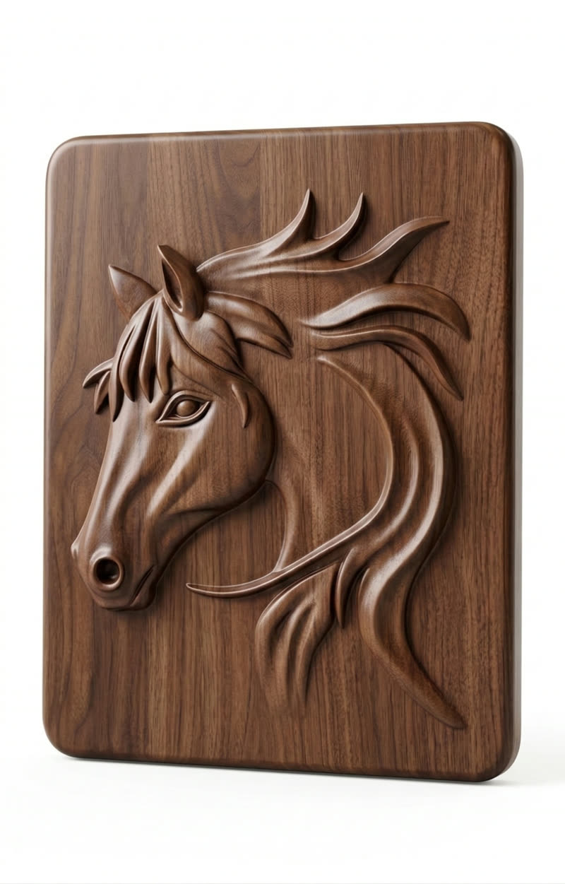 Tallado en relieve 3D de caballo sobre madera en Caldas Antioquia