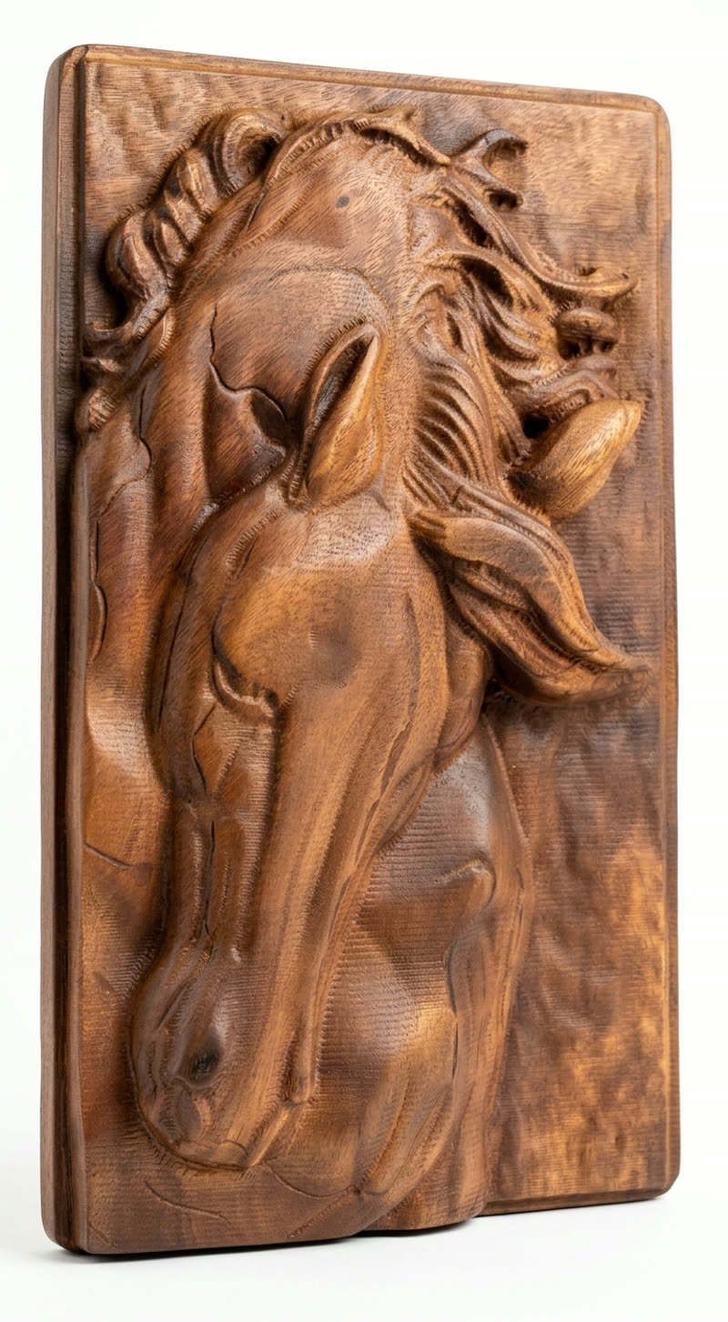 Talla artistica de caballo en madera fina con router CNC en Medellin