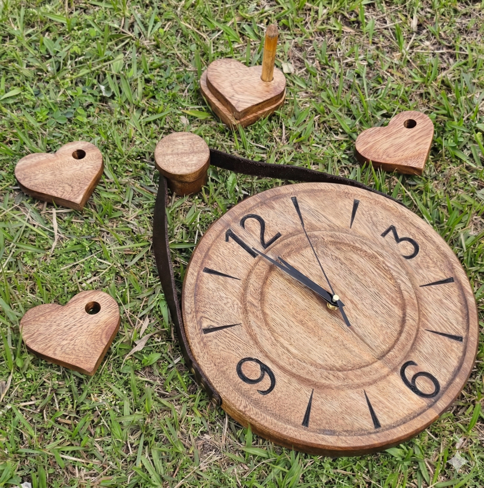 Reloj de pared y corazones en madera